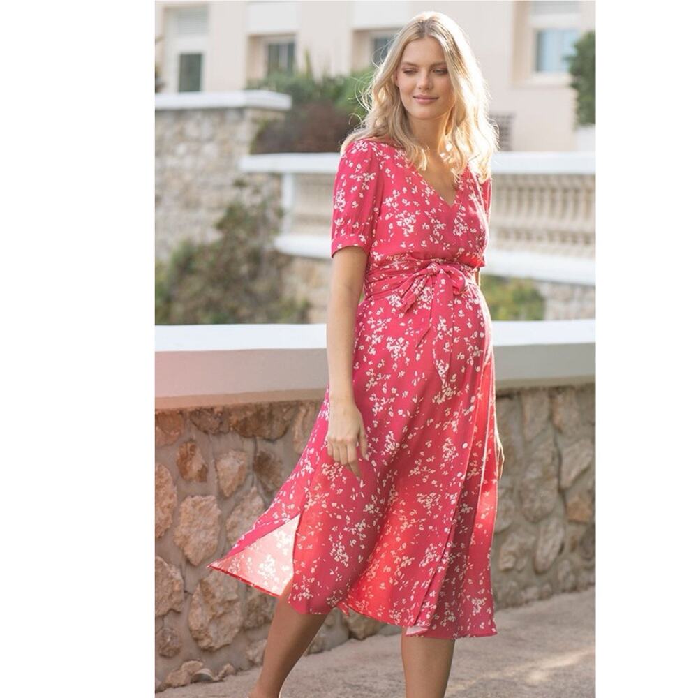 Seraphine Raspberry Sanna Maternity & Nursing Midi Dress floral pink Size 10